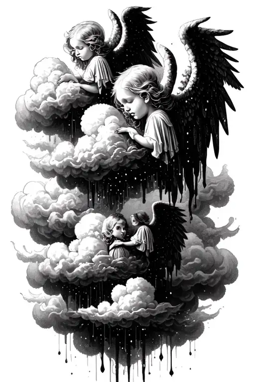   melting fluffy light clouds wih small evil angels tattoo design idea