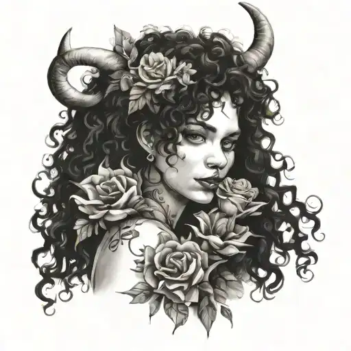 curly girl with a flower in her hands and her shadow with horns tattoo design idea