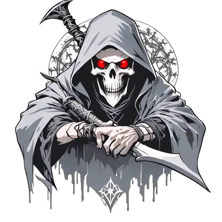 reaper full body, hooded, dark, red eyes, the scythe of death tattoo design idea