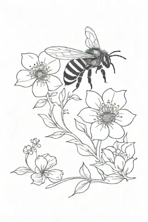  1 bee with  3 flowers tattoo design idea