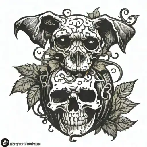 pumpkin with a dog skull on top and wrapped in vines tattoo design idea