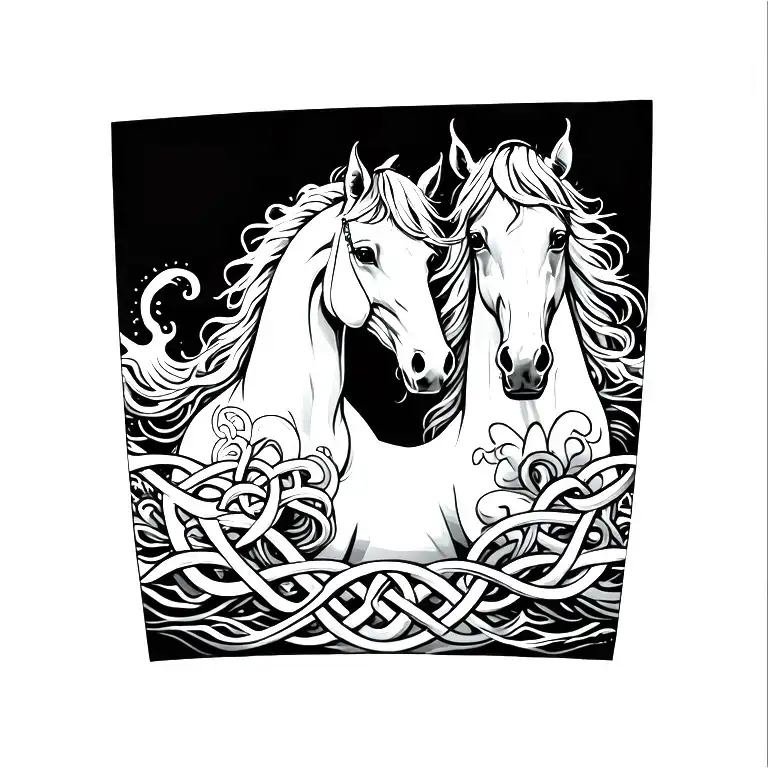 Kelpi horses and waves and Celtic knotwork intertwined tattoo design idea