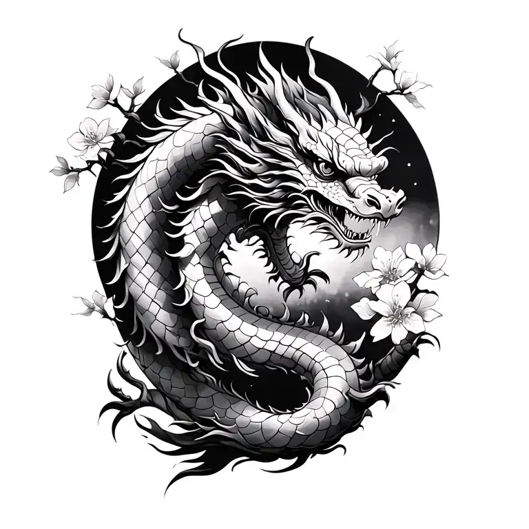 chinese dragon and cherry blossom tree tattoo design idea