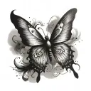 semi-colon body Butterfly with wings like raven that has black smoke like vibe flowing off the wings tattoo design idea