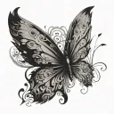 semi-colon body Butterfly with wings like raven that has black smoke like vibe flowing off the wings tattoo design idea