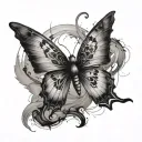 semi-colon body Butterfly with wings like raven that has black smoke like vibe flowing off the wings tattoo design idea