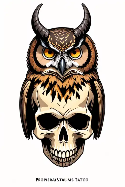 horned owl on top skull tattoo design idea