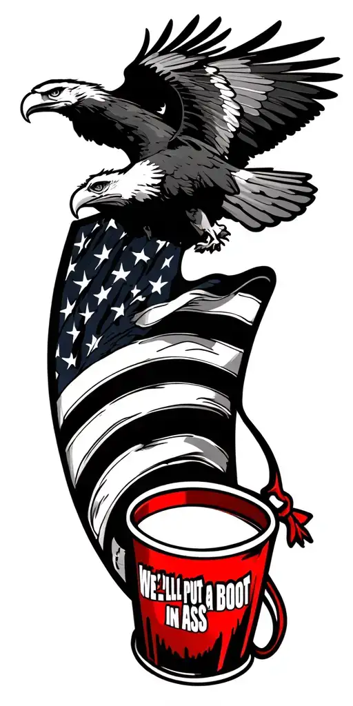 "We’ll put a boot in your ass" American flag carried by bald eagle soaring and red solo cup tattoo design idea