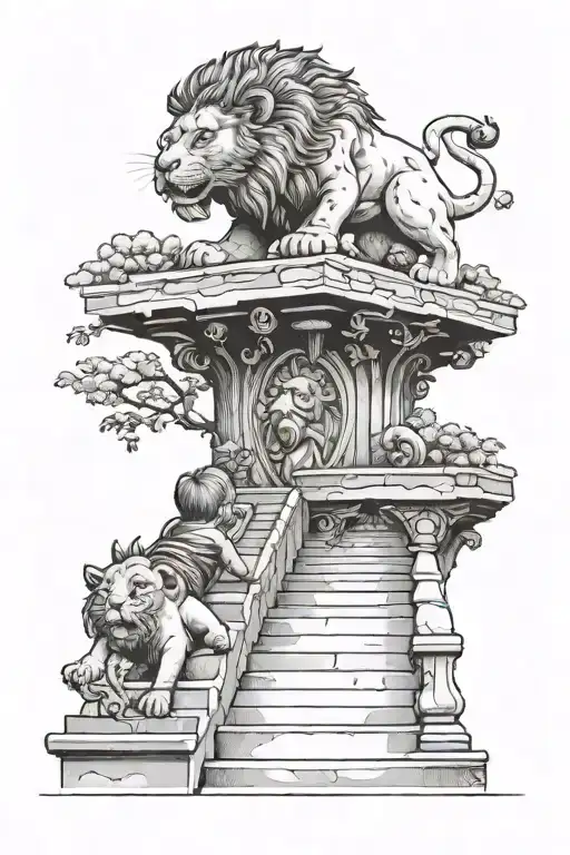 baby human crawling up heaven stairs with lion head tattoo design idea
