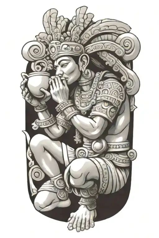 profile of mayan god itzamná kneeling praying holding a cup tattoo design idea