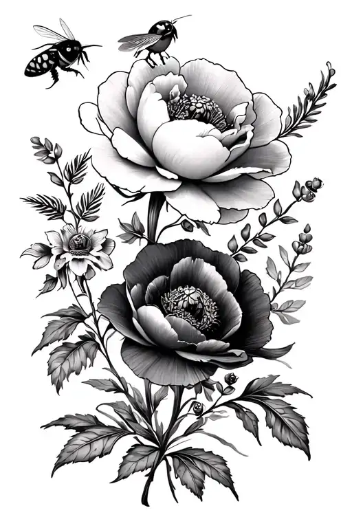 feminine and light floral with one peony one poppy and one heather with a hidden bee, ladybug and a tropical bird tattoo design idea