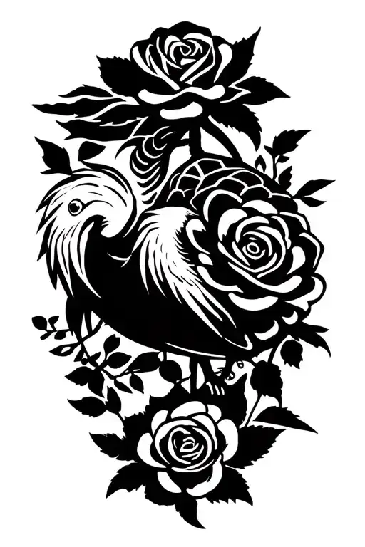 crane and tortoise n roses tattoo design idea