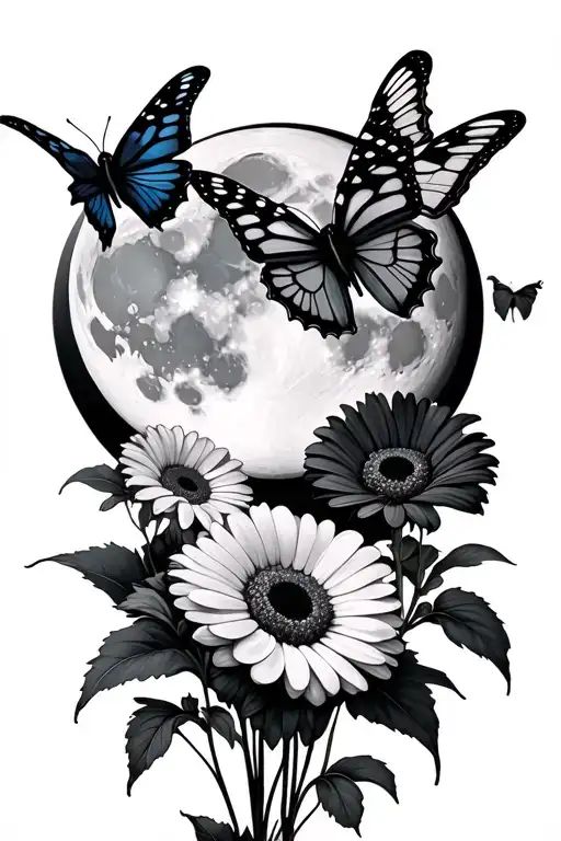 full moon with butterflies one with the wings fully open and belladonna nightshafe flowers and dark gerbera daisies  tattoo design idea