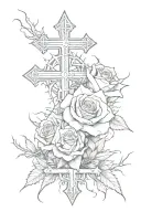 rose with crown of thorns and three crosses surrounded by clouds  tattoo design idea