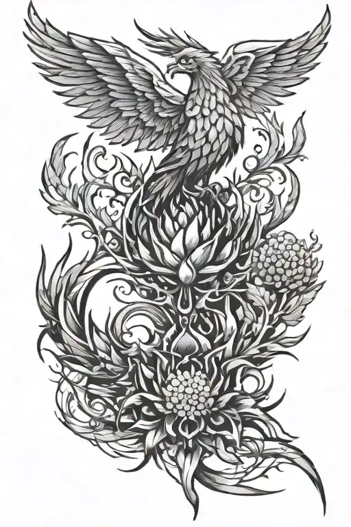 Tattoo composition Thistle, Phoenix, Fire, S, 21, Tech, Cyber, Metal, Sharp edges, futuristic tattoo design idea