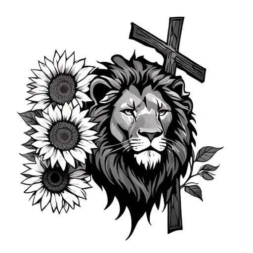 Lion with cross and sunflowers  tattoo design idea