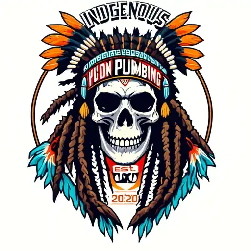 "INDIGENOUS PLUMBING EST.2020" skull dreadlock Native American warrior fixing sink tattoo design idea