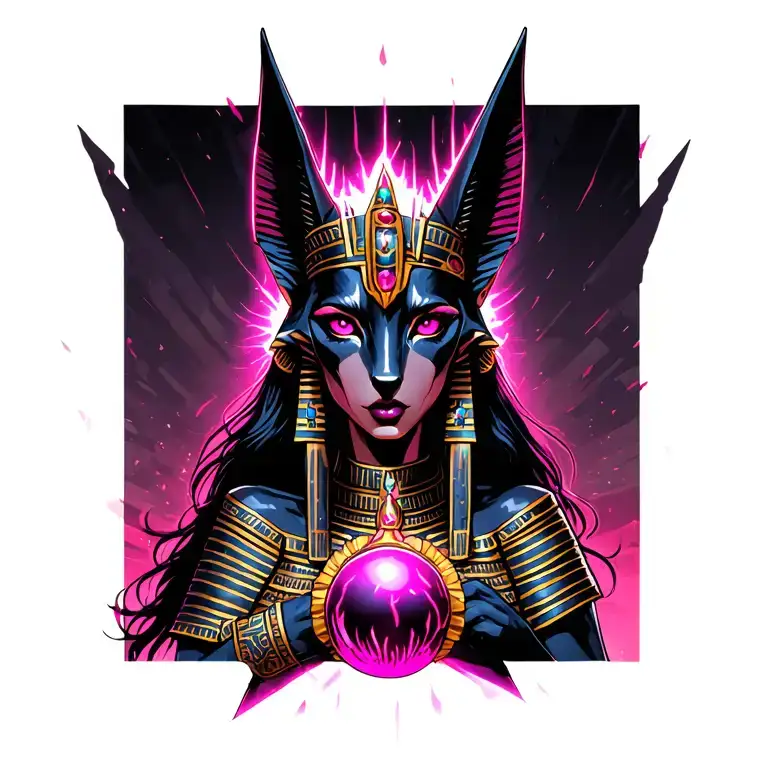 Sexy female Anubis, glowing red eyes, large bust, jackal ears, ornate Egyptian crown, neon aura pink-violet, magic orb tattoo design idea