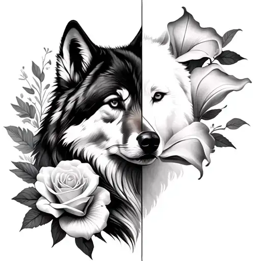 Half Wolf, Half Flower with Roses and Calla Lilies  tattoo design idea