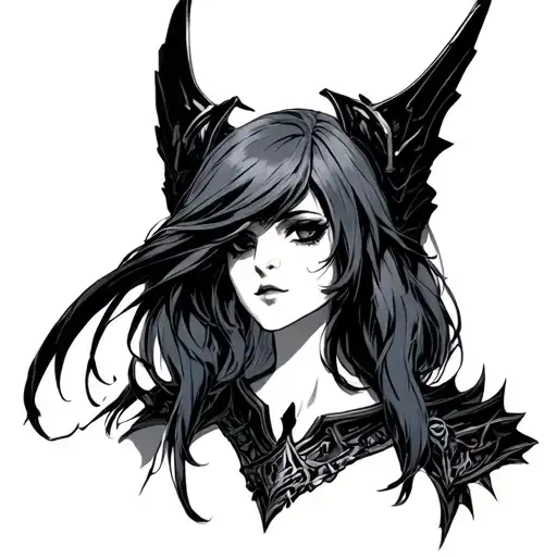 Tattoo-ready black and grey anime realism illustration of Albedo from Overlord, waist-up composition designed for a medi tattoo design idea