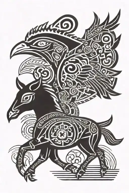 new mexico zia symbol with roadrunner and bull skull tattoo design idea