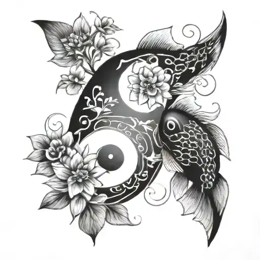 A VERY SIMPLE, FINE LINE TATTOO, WITH A YIN YANG THEME, TWO FISH, AND FLOWERS, AND FEMININE AND DAINTY.  tattoo design idea