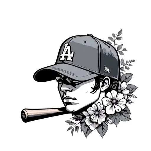 LA Dodgers with floral, baseball cap, and baseball bat tattoo design idea