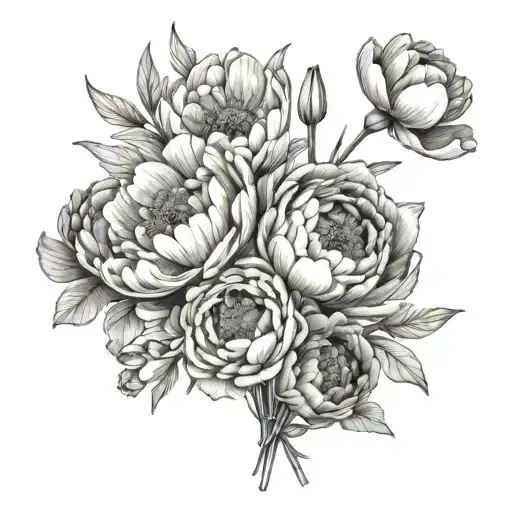 Line drawing of flower bouquet with peony, California poppy and tulipI'm  tattoo design idea