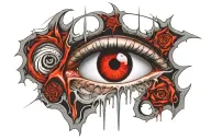 Demonic eye, crying blood, grey iris, pinpoint pupil, veiny, bloodshot, all seeing eye, Satanic, Satanism  tattoo design idea
