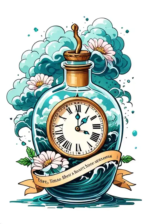 time in a bottle with clock and storm clouds inside and waves with flowers around the bottle and banner and soot sprites tattoo design idea