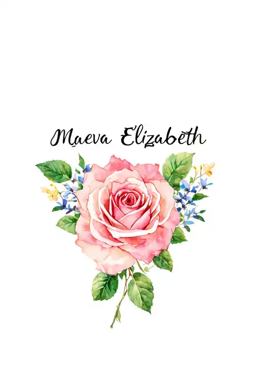 "Maeva Elizabeth" Name surrounded by rose and honeysuckle flowers tattoo design idea