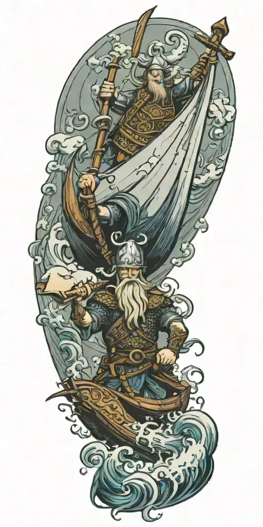 A Norse Viking warrior sailing on a clipper ship in a stormy sea, wielding a mighty axe tattoo design idea