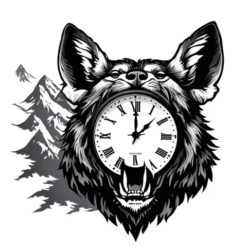 men's full sleeve clock mountains animal tattoo design idea