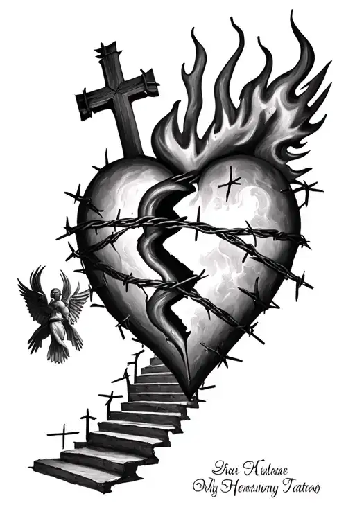 barbed wire wrapped heart on fire split in half heart with stairs to heaven with cross and angeles surrounding the stair tattoo design idea