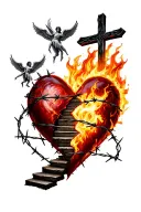 barbed wire wrapped heart on fire split in half heart with stairs to heaven with cross and angeles surrounding the stair tattoo design idea
