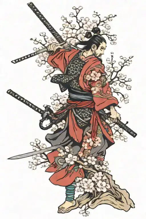 samurai warrior and girl with sakura tree tattoo design idea