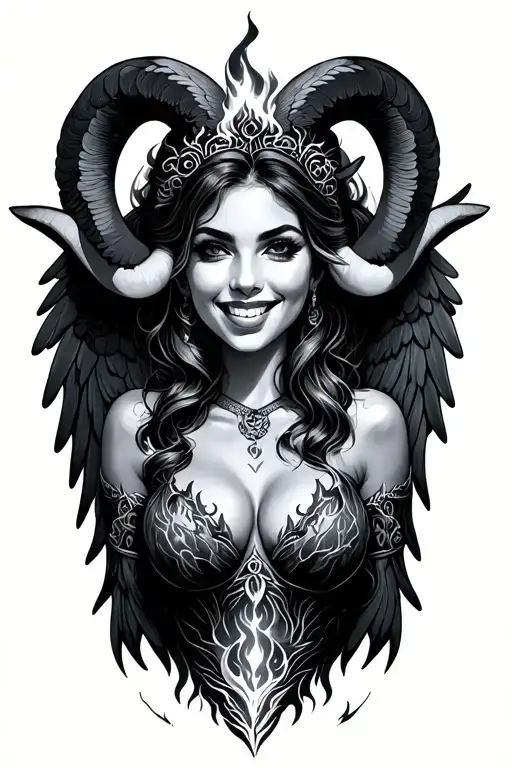 aries zodiac sign sexy smiling female wings fire surrounded tattoo design idea