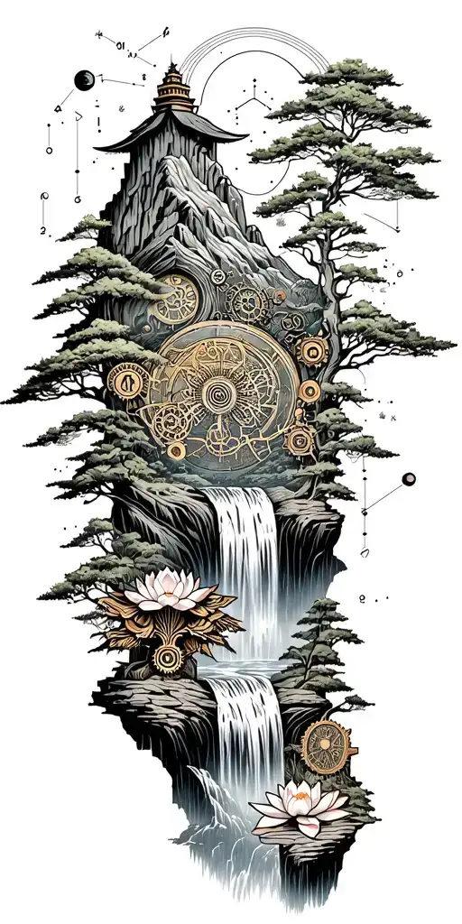 collage of space constellation, Buddhist mountain, trees, waterfall, lotus, wood mechanical gears tattoo design idea