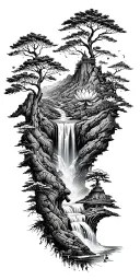 collage of space constellation, Buddhist mountain, trees, waterfall, lotus, wood mechanical gears tattoo design idea
