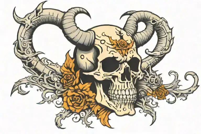 monster skull with horns and backround with black lettering and metal theme  tattoo design idea