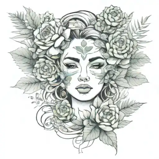 woman face with green plants and succulents tattoo design idea