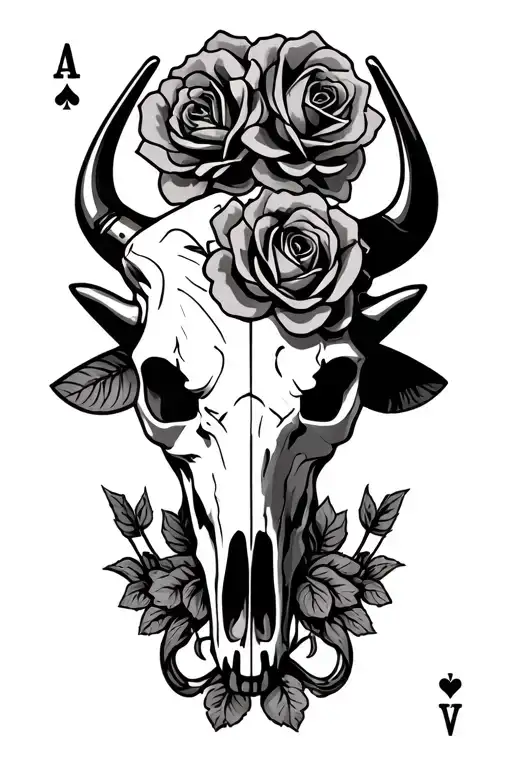 western tooling style with roses bull skull playing cards with gun and cross tattoo design idea