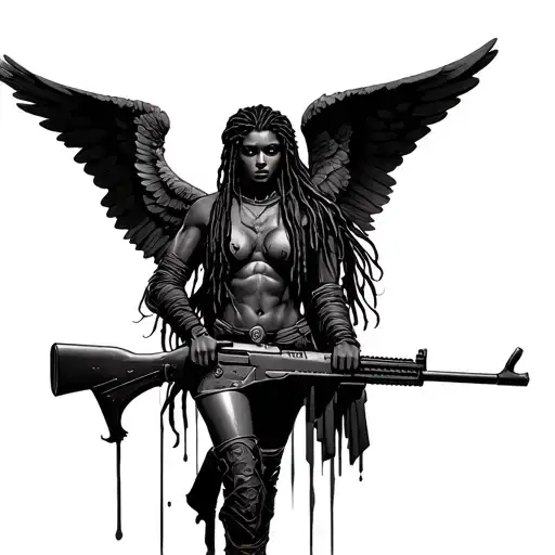 black angel with dreads holding rifle tattoo design idea