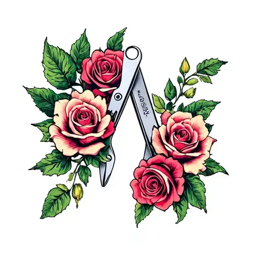 manicure nail clippers, nail file, these items are in the center, on the sides are rosebuds, All the elements are arrang tattoo design idea