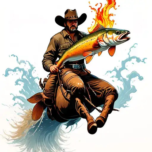 cowboy riding a cutthroat trout jumping tattoo design idea