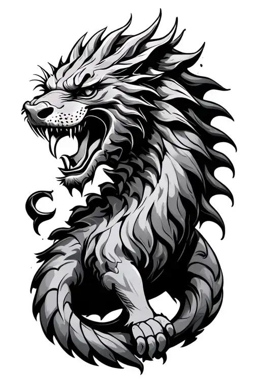 merlion aggressive with straight body and tail tattoo design idea