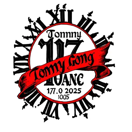Roman numerals representing important dates 17 01 2025 with the word Tommy going through them in red ink on forearm tattoo design idea