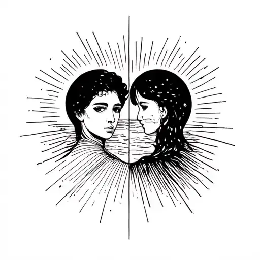 the crossroads of two roads where one side shows the emptiness of a person, and the other love and sunrise tattoo design idea