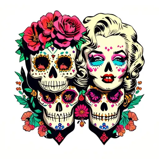 day of the dead sugar skulls with marilyn monroe mixed tattoo design idea