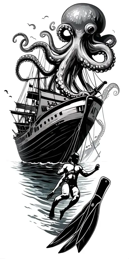 undewater scene with scuba diver wearing fins on his feet descending into sunken shipreck with octopus above tattoo design idea